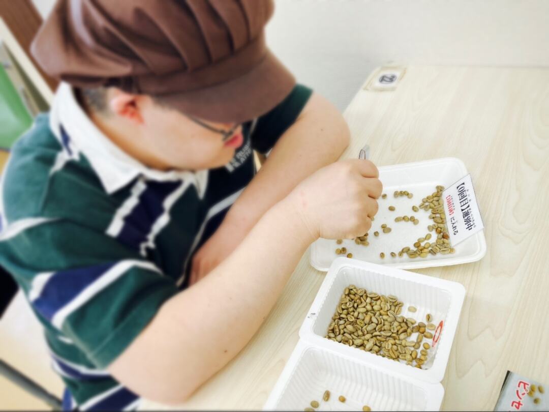 参加者がコーヒーの生豆を選別しているおかえりコーヒーの作業風景